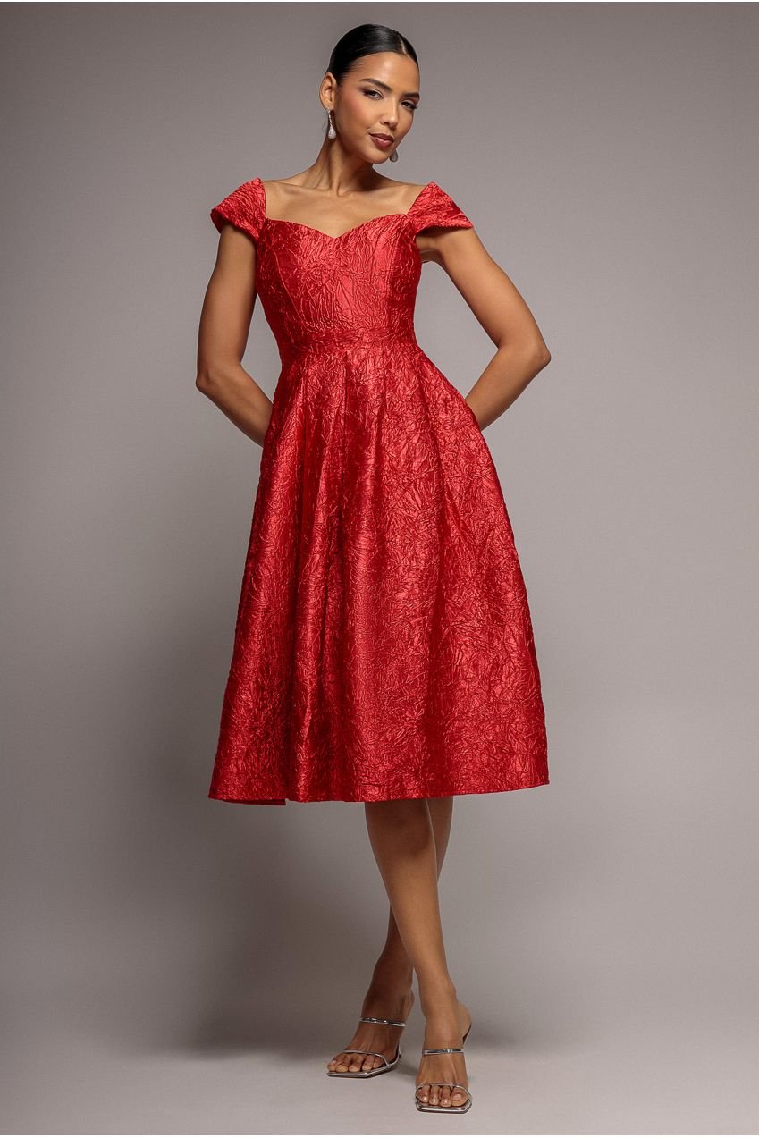 Goddiva Crushed Satin Sleeveless A Line Midi Dress – Red