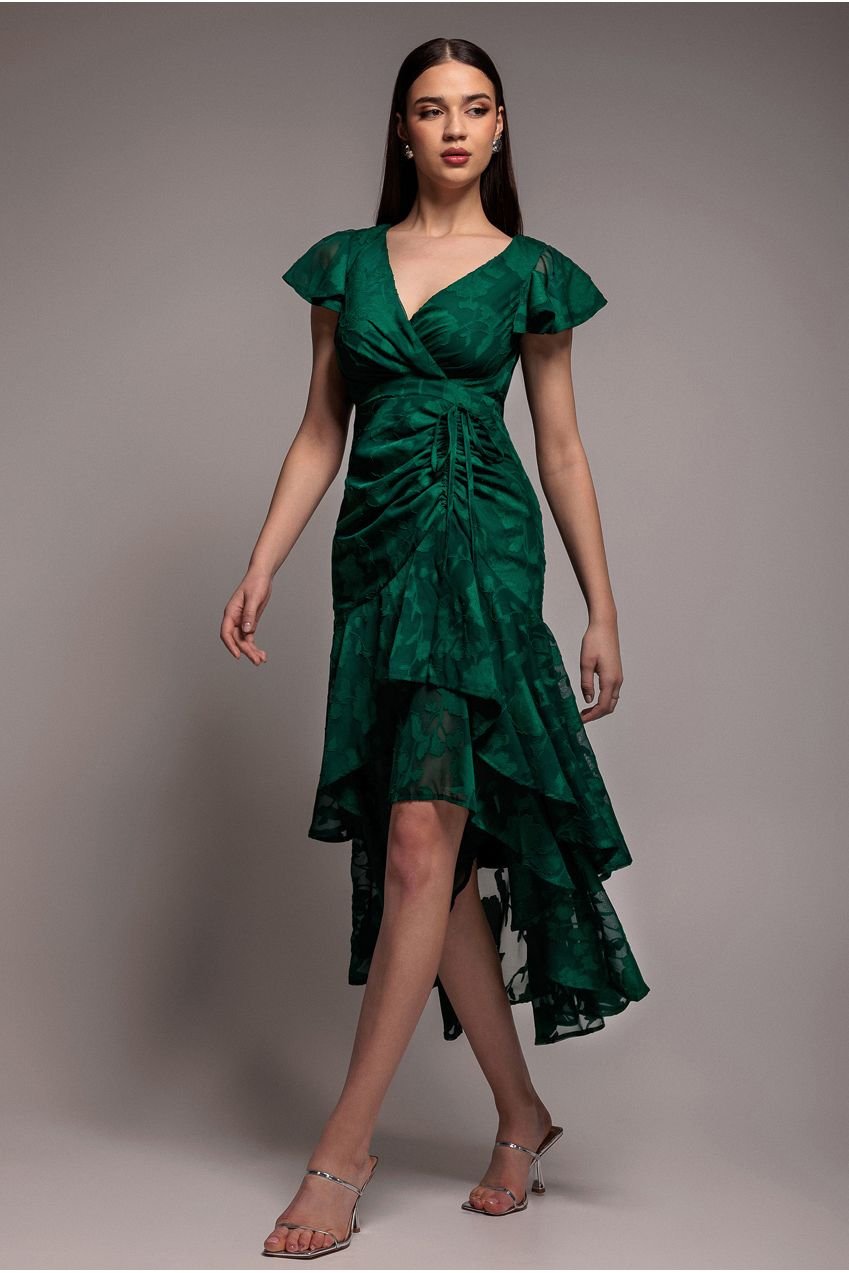 Goddiva Jacquard Chiffon Wrap High Low Midaxi Dress – Emerald Green