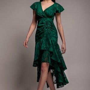 Goddiva Jacquard Chiffon Wrap High Low Midaxi Dress - Emerald Green