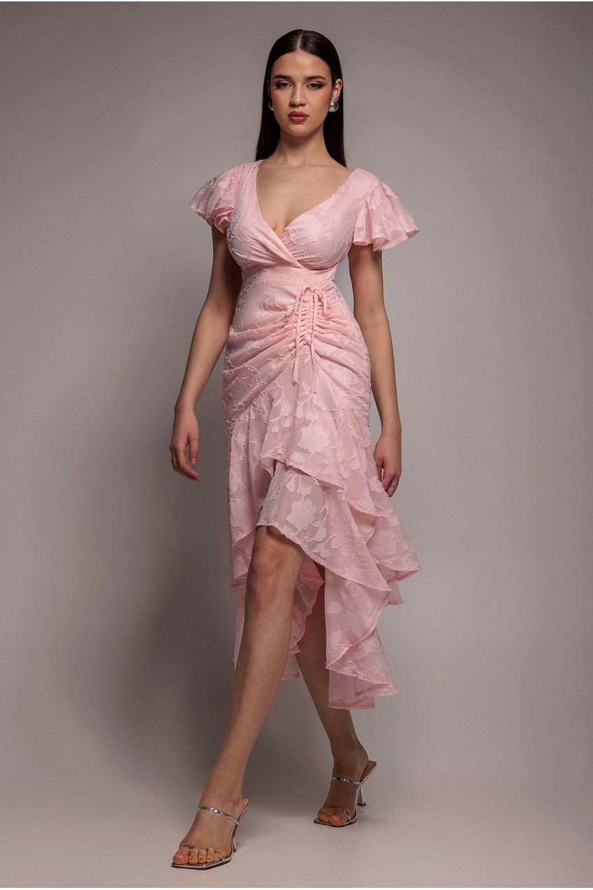 Goddiva Jacquard Chiffon Wrap High Low Midaxi Dress – Pink