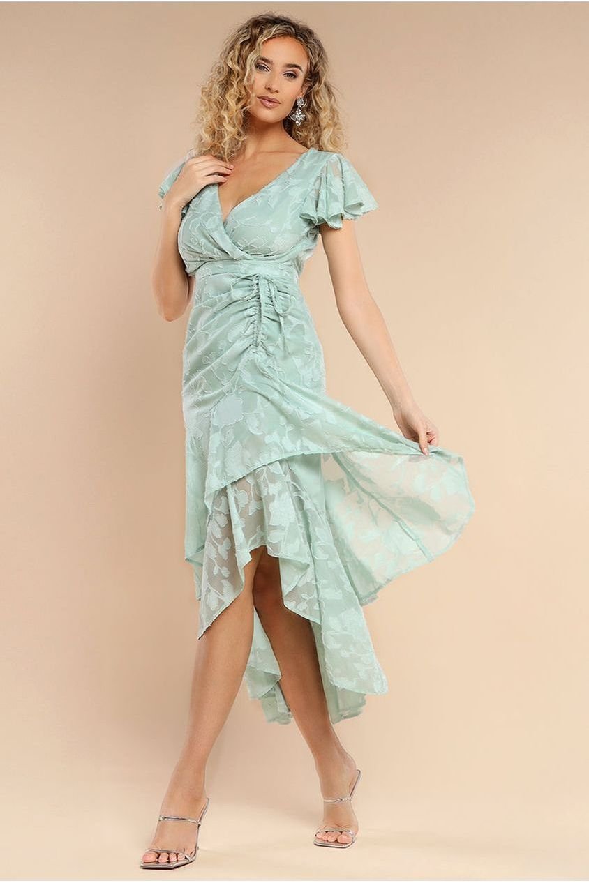 Goddiva Jacquard Chiffon Wrap High Low Midaxi Dress – SageGreen