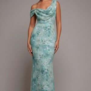 Goddiva One Shoulder Cowl Neck Chiffon Floral Maxi Dress - Blue