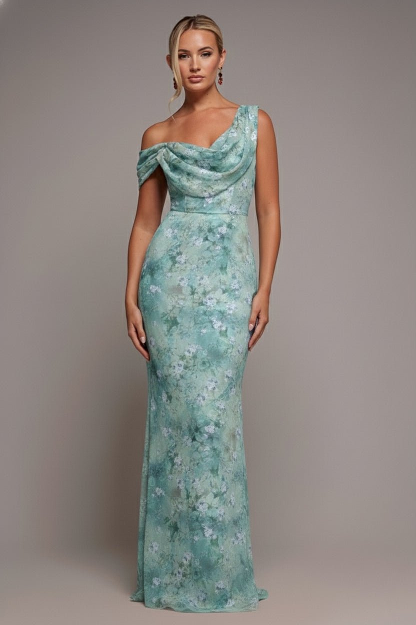 Goddiva One Shoulder Cowl Neck Chiffon Floral Maxi Dress – Blue