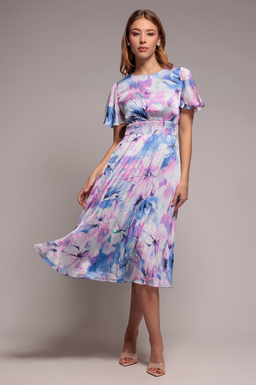 Goddiva Flutter Sleeve Pleated Skirt Floral Midi Dress – Blue