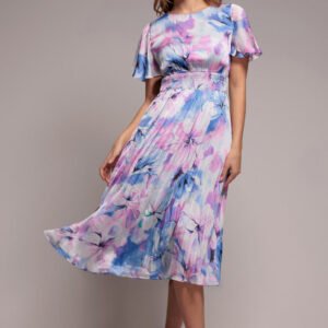Goddiva Flutter Sleeve Pleated Skirt Floral Midi Dress - Blue