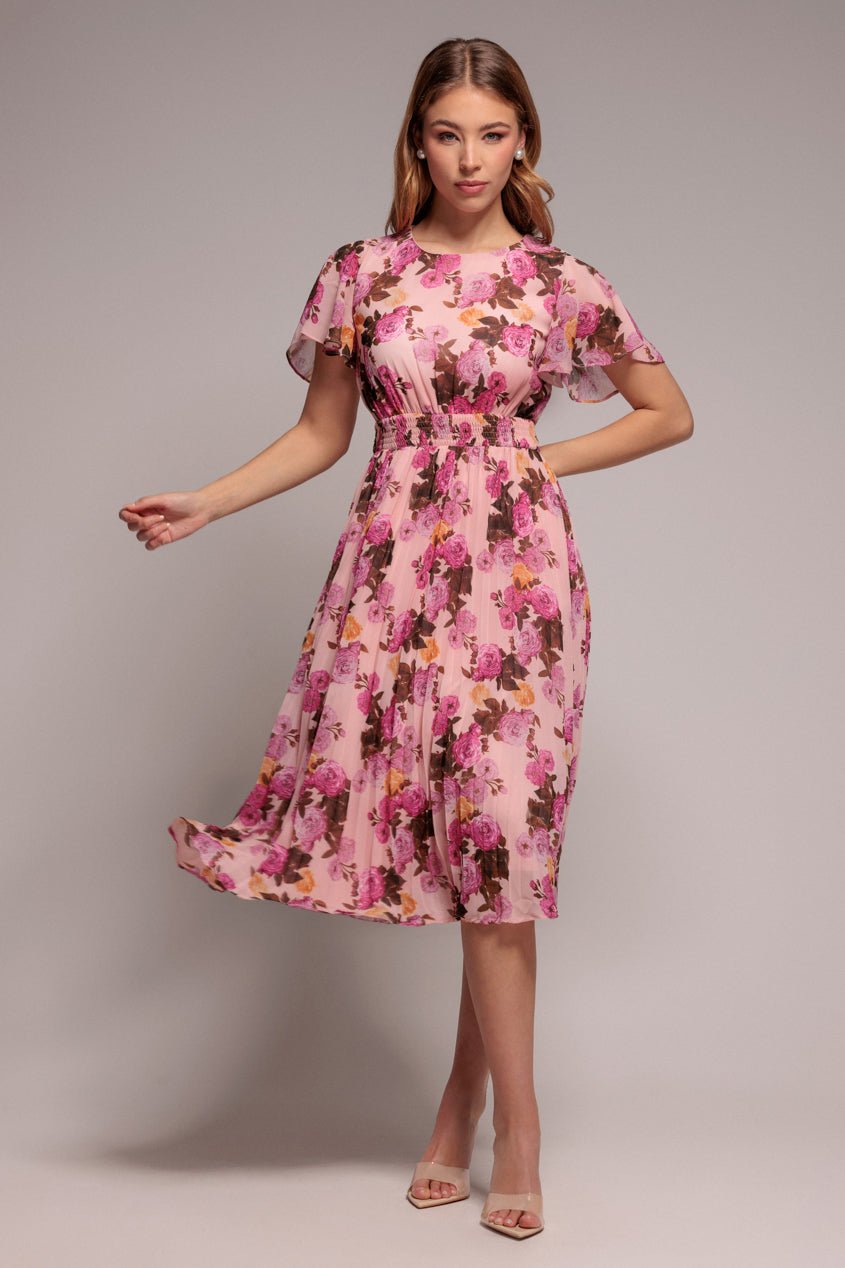 Goddiva Flutter Sleeve Pleated Skirt Floral Midi Dress – Pink