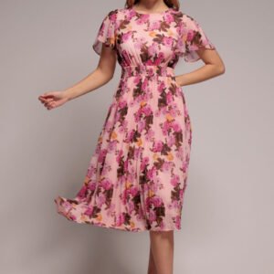 Goddiva Flutter Sleeve Pleated Skirt Floral Midi Dress - Pink