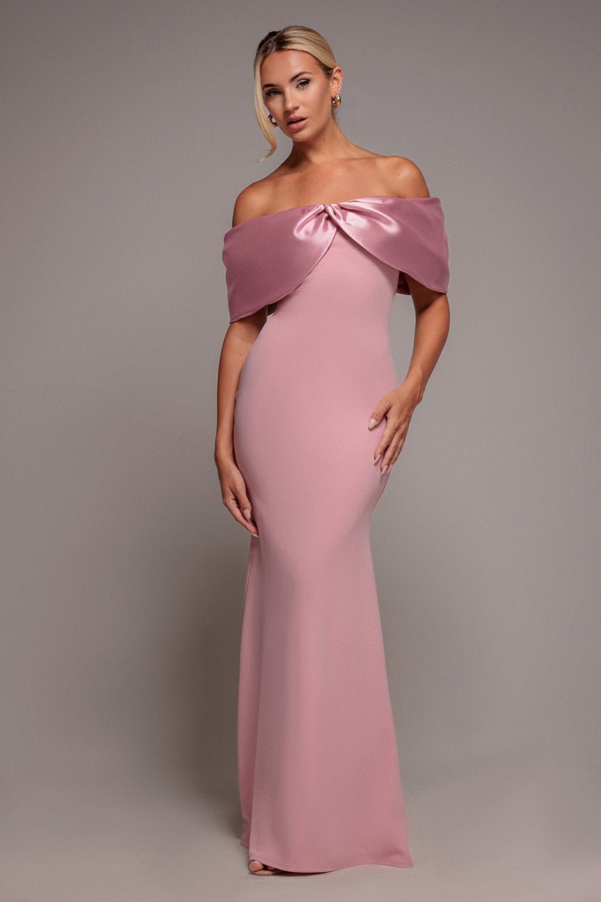 Goddiva Twist Knot Satin & Scuba Bardot Maxi Dress – Blush Pink