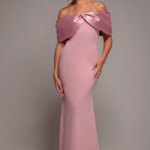Goddiva Twist Knot Satin & Scuba Bardot Maxi Dress - Blush Pink