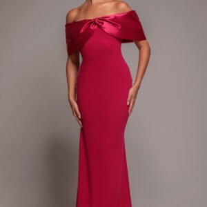 Goddiva Twist Knot Satin & Scuba Bardot Maxi Dress - Magenta