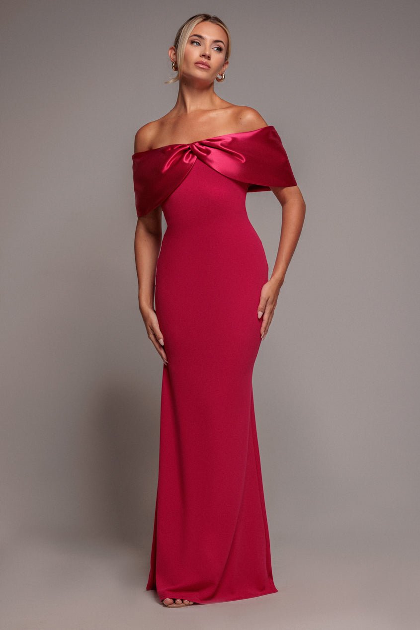 Goddiva Twist Knot Satin & Scuba Bardot Maxi Dress – Magenta