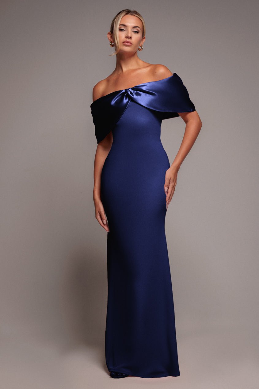 Goddiva Twist Knot Satin & Scuba Bardot Maxi Dress – Navy Blue