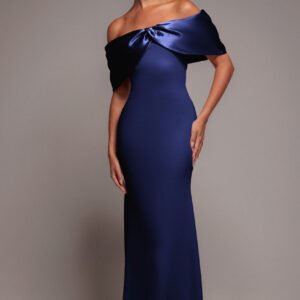 Goddiva Twist Knot Satin & Scuba Bardot Maxi Dress - Navy Blue