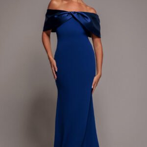Goddiva Twist Knot Satin & Scuba Bardot Maxi Dress - Royal Blue