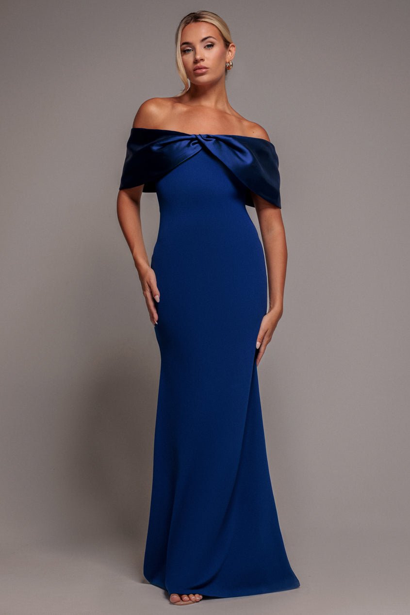 Goddiva Twist Knot Satin & Scuba Bardot Maxi Dress – Royal Blue