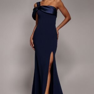 Goddiva Satin Twist One Shoulder Maxi Dress - Navy Blue