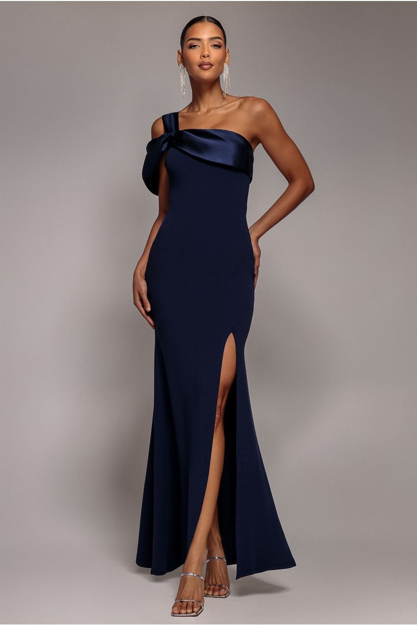 Goddiva Satin Twist One Shoulder Maxi Dress – Navy Blue