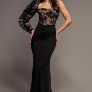 Goddiva One Shoulder Organza Fan Detail Lace Bodice Maxi Dress - Black