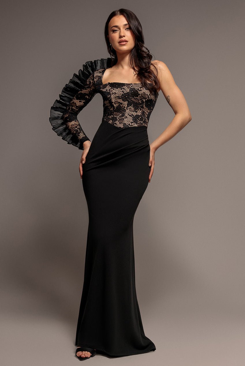 Goddiva One Shoulder Organza  Fan Detail Lace Bodice Maxi Dress – Black