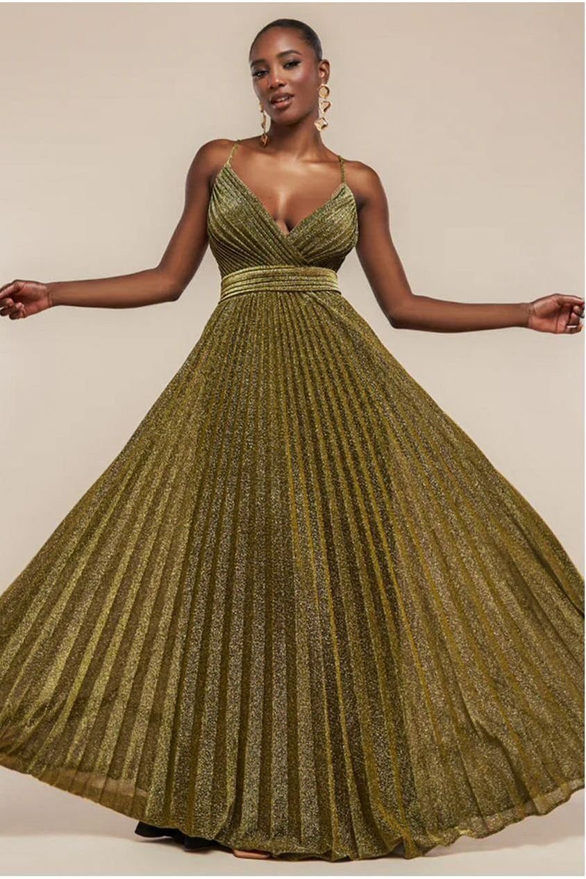 Goddiva Sleeveless Pleated A Line Lurex Maxi Dress – Gold