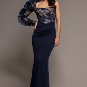 Goddiva One Shoulder Organza  Fan Detail Lace Bodice Maxi Dress - Navy Blue