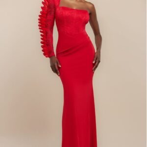 Goddiva One Shoulder Organza  Fan Detail Lace Bodice Maxi Dress - Red