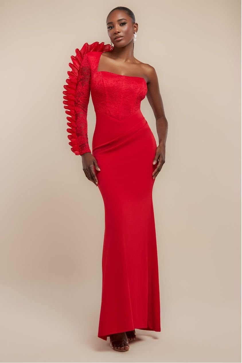 Goddiva One Shoulder Organza  Fan Detail Lace Bodice Maxi Dress – Red