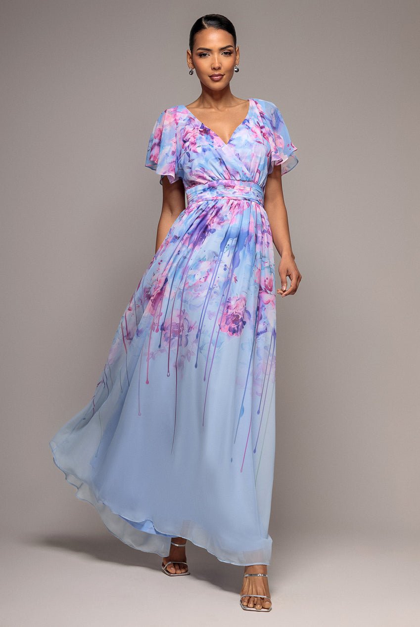 Goddiva Printed Silky Chiffon Flutter Sleeve Maxi Dress – Blue