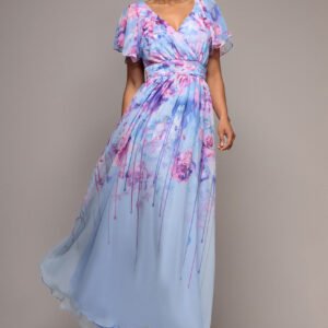 Goddiva Printed Silky Chiffon Flutter Sleeve Maxi Dress - Blue
