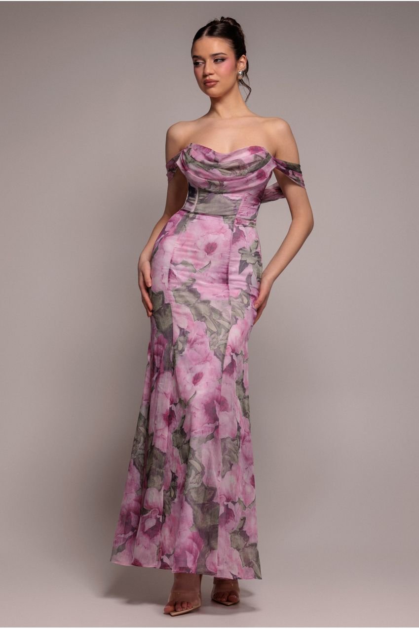 Goddiva Cowl Neck Floral Print Jacquard Chiffon Maxi Dress – Blush Pink
