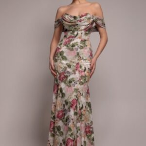 Goddiva Cowl Neck Floral Print Jacquard Chiffon Maxi Dress - Cream