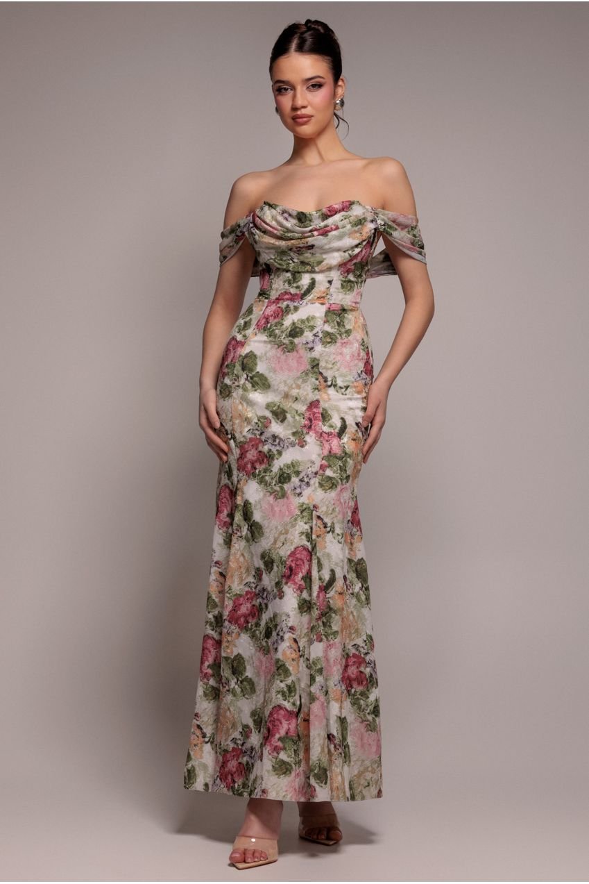 Goddiva Cowl Neck Floral Print Jacquard Chiffon Maxi Dress – Cream