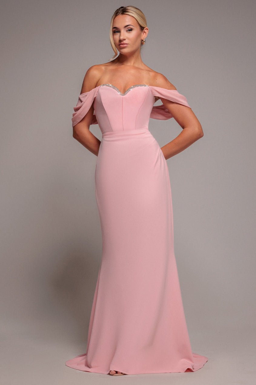 Goddiva Off The Shoulder Draped Sleeve Maxi Dress With Diamante Neckline – Blush Pink
