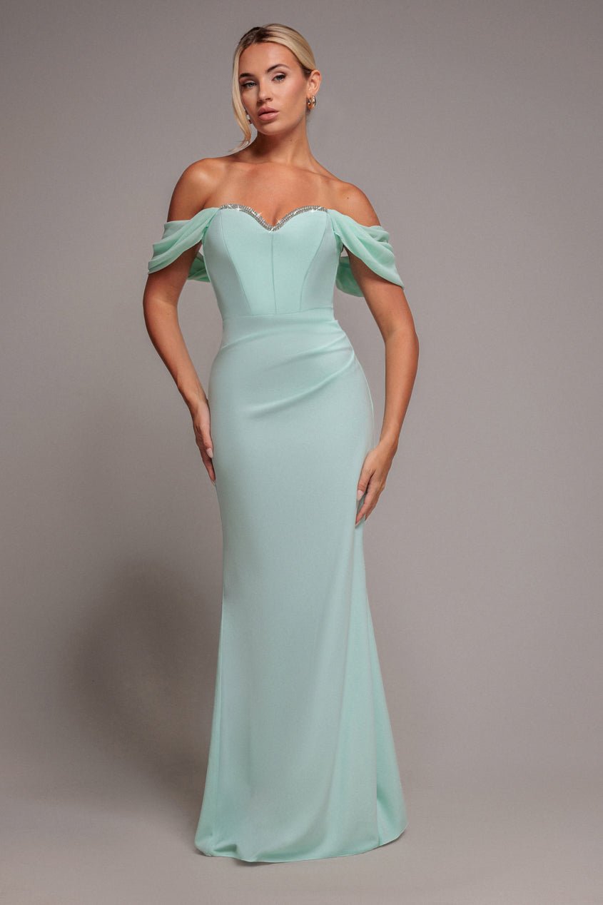 Goddiva Off The Shoulder Draped Sleeve Maxi Dress With Diamante Neckline – Mint Green
