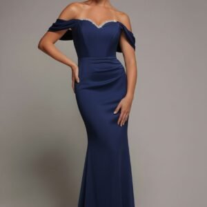 Goddiva Off The Shoulder Draped Sleeve Maxi Dress With Diamante Neckline - Navy Blue
