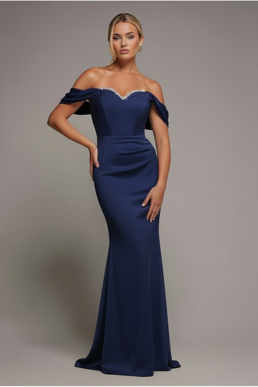 Goddiva Off The Shoulder Draped Sleeve Maxi Dress With Diamante Neckline – Navy Blue