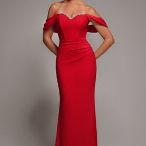 Goddiva Off The Shoulder Draped Sleeve Maxi Dress With Diamante Neckline - Red