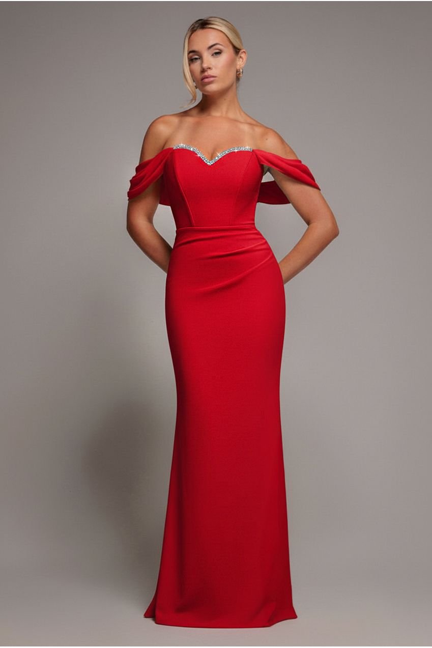 Goddiva Off The Shoulder Draped Sleeve Maxi Dress With Diamante Neckline – Red