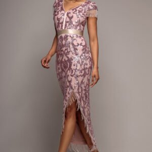 Goddiva Embroidered Sequin Tassel Front Split Midaxi Dress - Blush Pink