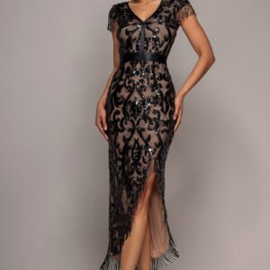 Goddiva Embroidered Sequin Tassel Front Split Midaxi Dress - Black