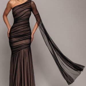 Goddiva Gathered One Sleeve Angel Wing Mermaid Maxi Dress - Black