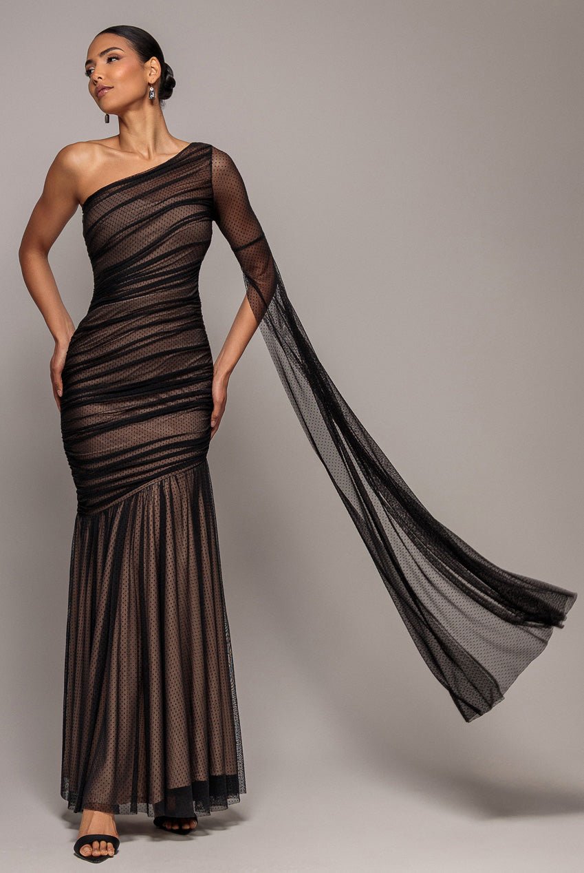 Goddiva Gathered One Sleeve Angel Wing Mermaid Maxi Dress – Black