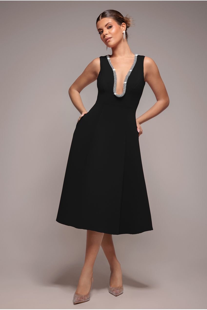 Goddiva Diamante Embellished Neck A-Line Midi Dress – Black