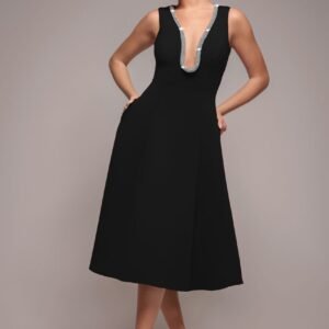 Goddiva Diamante Embellished Neck A-Line Midi Dress - Black