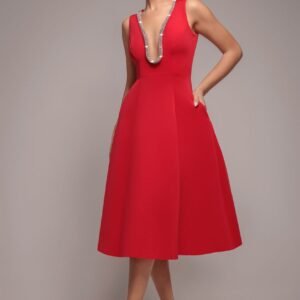Goddiva Diamante Embellished Neck A-Line Midi Dress - Red