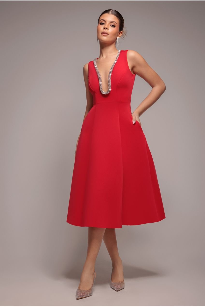 Goddiva Diamante Embellished Neck A-Line Midi Dress – Red
