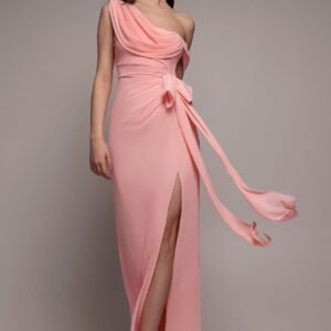 Goddiva One Shoulder Cowl With Bow Detail Maxi Dress - Blush Pink