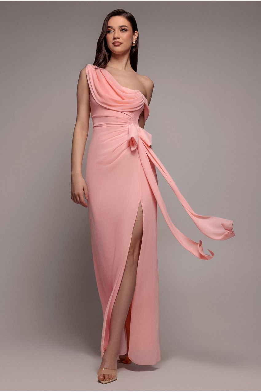 Goddiva One Shoulder Cowl With Bow Detail Maxi Dress – Blush Pink