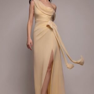 Goddiva One Shoulder Cowl With Bow Detail Maxi Dress - Butter Yellow