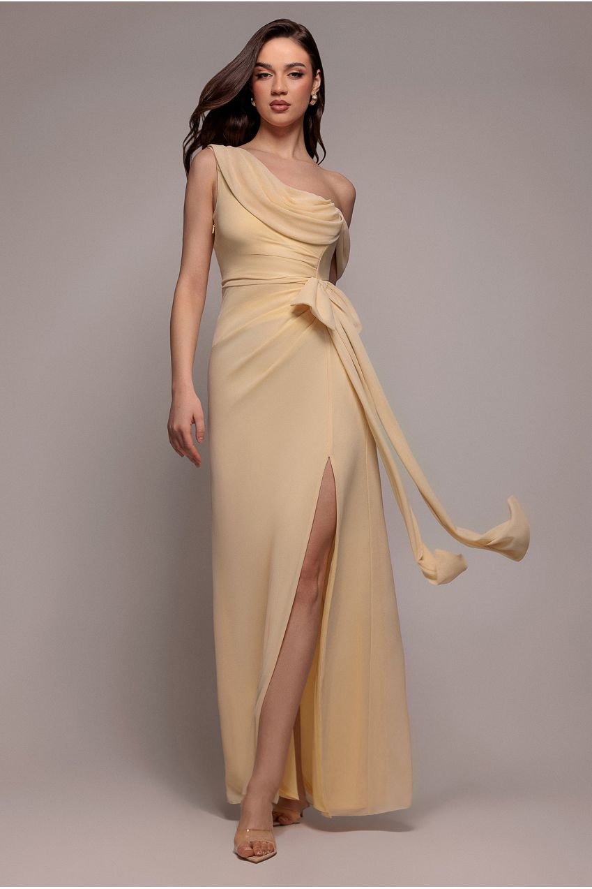 Goddiva One Shoulder Cowl With Bow Detail Maxi Dress – Butter Yellow